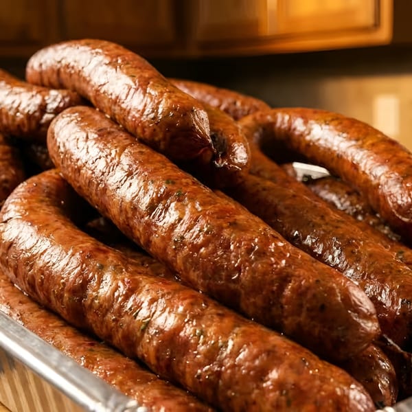 A large aluminum tray filled with numerous cooked, glistening brown sausages, ready to be served.