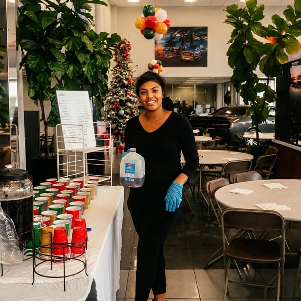 Two people serving drinks from a table with colorful cups in a decorated event space.