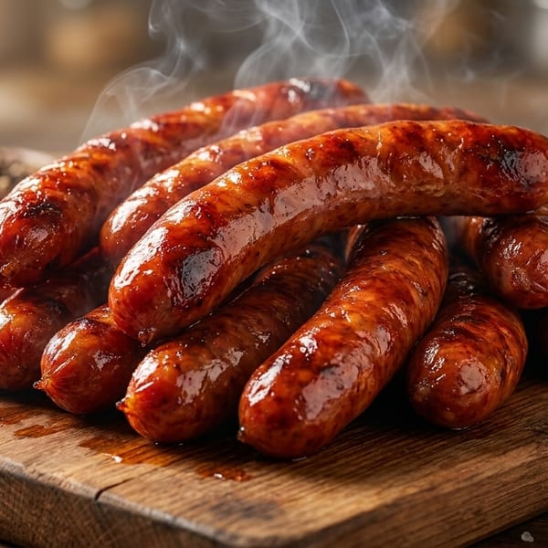 Steaming, grilled sausages piled on a rustic wooden cutting board with salt and peppercorns.