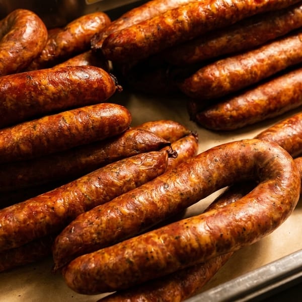Many freshly cooked, browned sausages are piled on a metal tray lined with parchment paper.