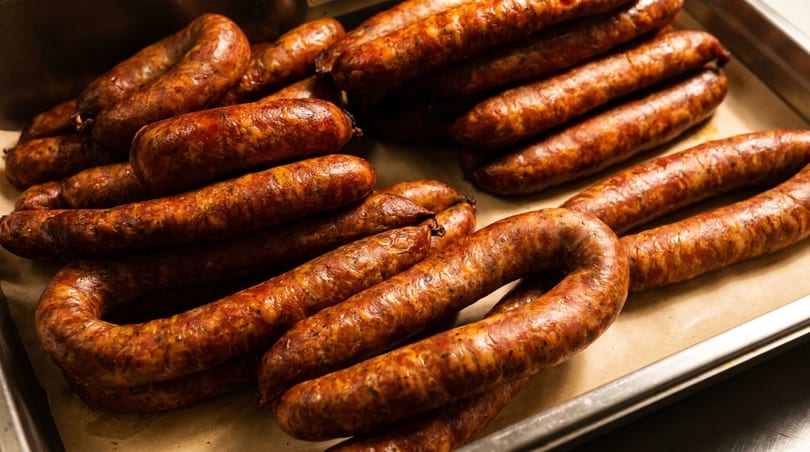 Many freshly cooked, browned sausages are piled on a metal tray lined with parchment paper.